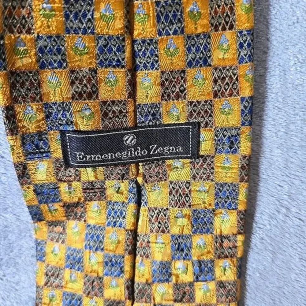 Ermenegildo Zegna Neck Tie‎ Mens Yellow Floral Check 100% Silk Made in Italy